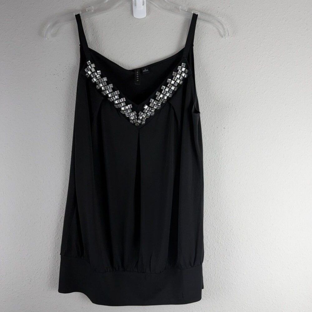 Vtg Sioni S y2K Black Embellished Rhinestone V Neck Tank Top Cami Dressy Club